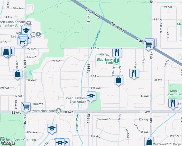 map of restaurants, bars, coffee shops, grocery stores, and more near 9044 144 Street in Surrey