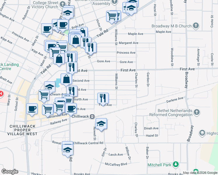 map of restaurants, bars, coffee shops, grocery stores, and more near 46183 Third Avenue in Chilliwack