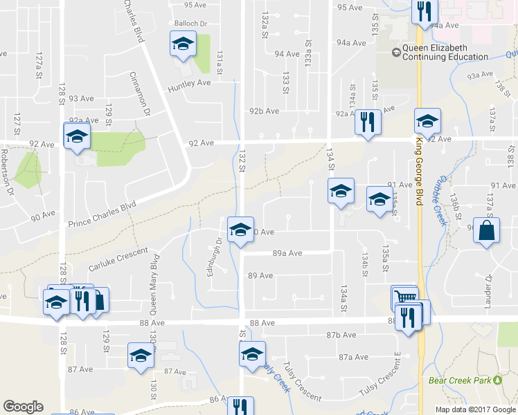 map of restaurants, bars, coffee shops, grocery stores, and more near in Surrey