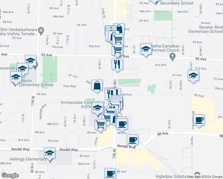 map of restaurants, bars, coffee shops, grocery stores, and more near 9015 120 Street in Delta
