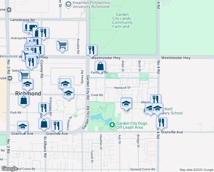 map of restaurants, bars, coffee shops, grocery stores, and more near 9300 Hemlock Drive in Richmond