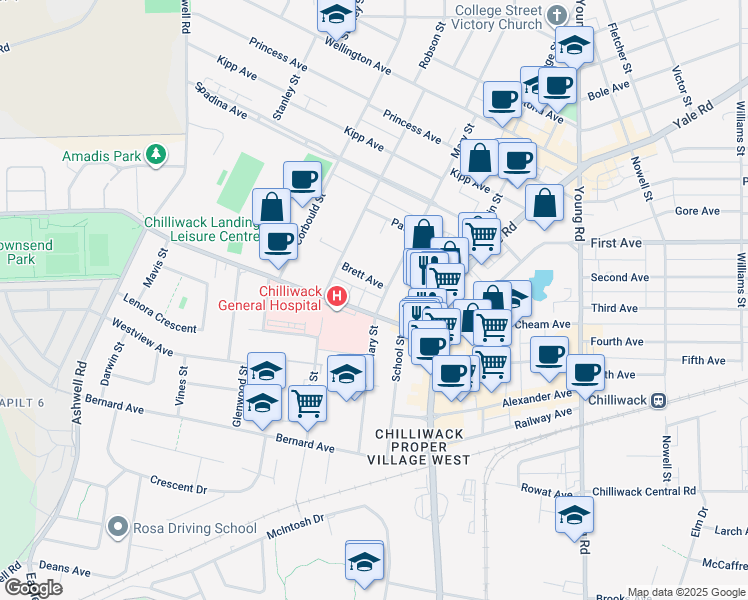 map of restaurants, bars, coffee shops, grocery stores, and more near 45647 Hodgins Avenue in Chilliwack