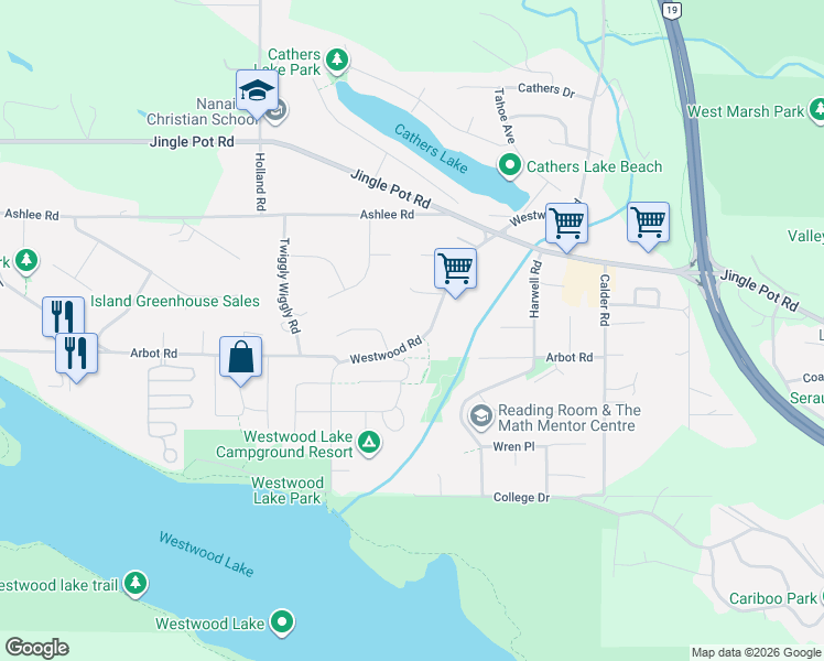 map of restaurants, bars, coffee shops, grocery stores, and more near 279 Westwood Road in Nanaimo