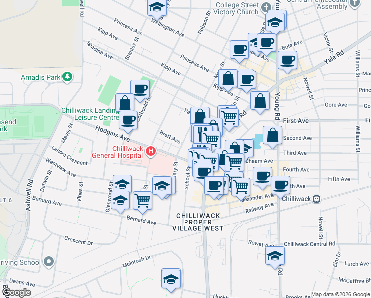 map of restaurants, bars, coffee shops, grocery stores, and more near 9108 Mary Street in Chilliwack
