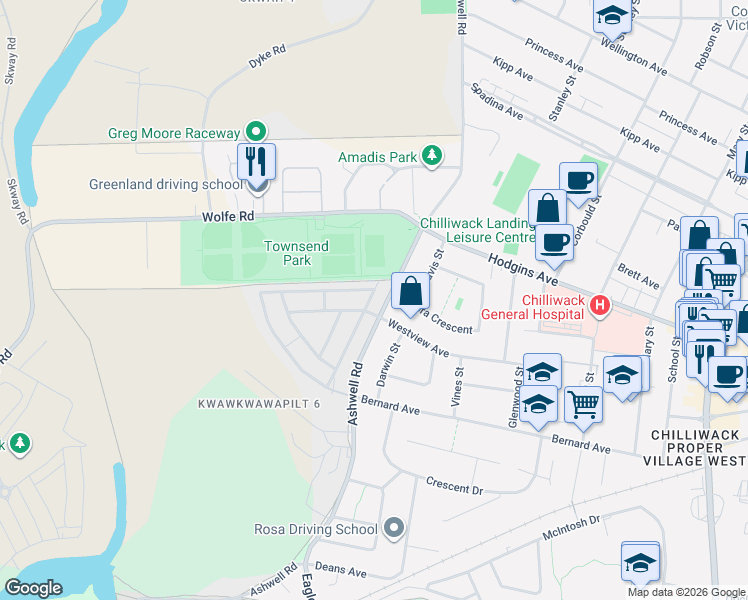 map of restaurants, bars, coffee shops, grocery stores, and more near 9055 Ashwell Road in Chilliwack