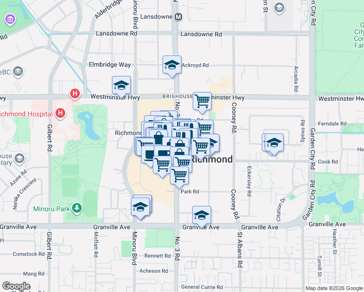 map of restaurants, bars, coffee shops, grocery stores, and more near 6320 Number 3 Road in Richmond