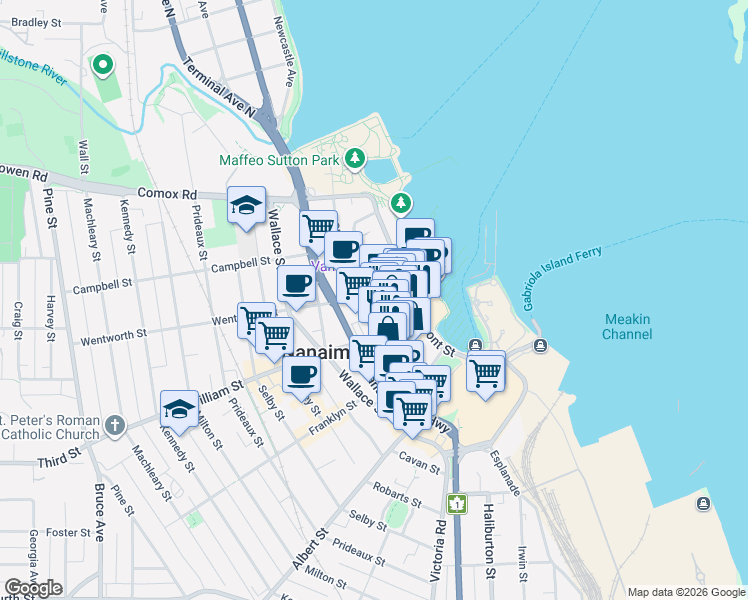 map of restaurants, bars, coffee shops, grocery stores, and more near 99 Chapel Street in Nanaimo