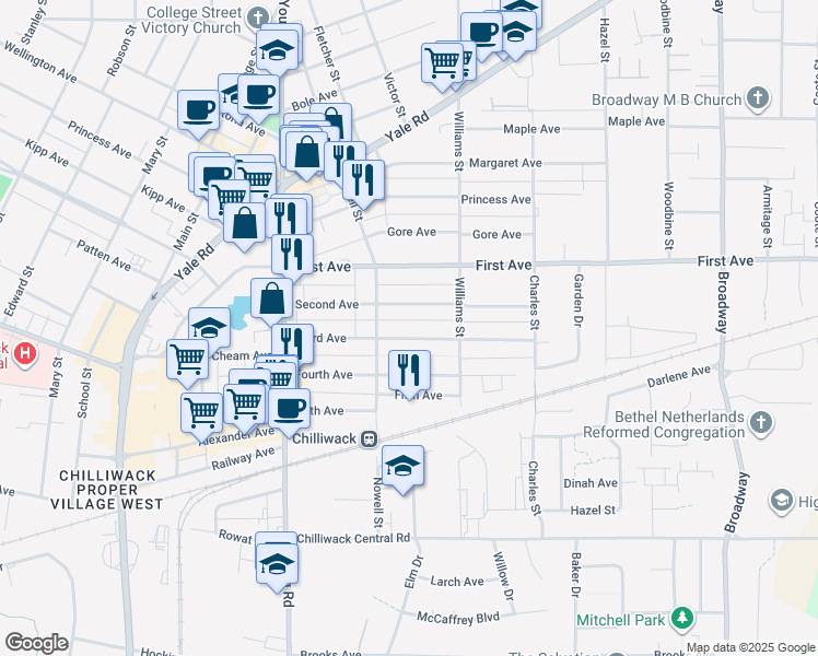 map of restaurants, bars, coffee shops, grocery stores, and more near 46151 Third Avenue in Chilliwack