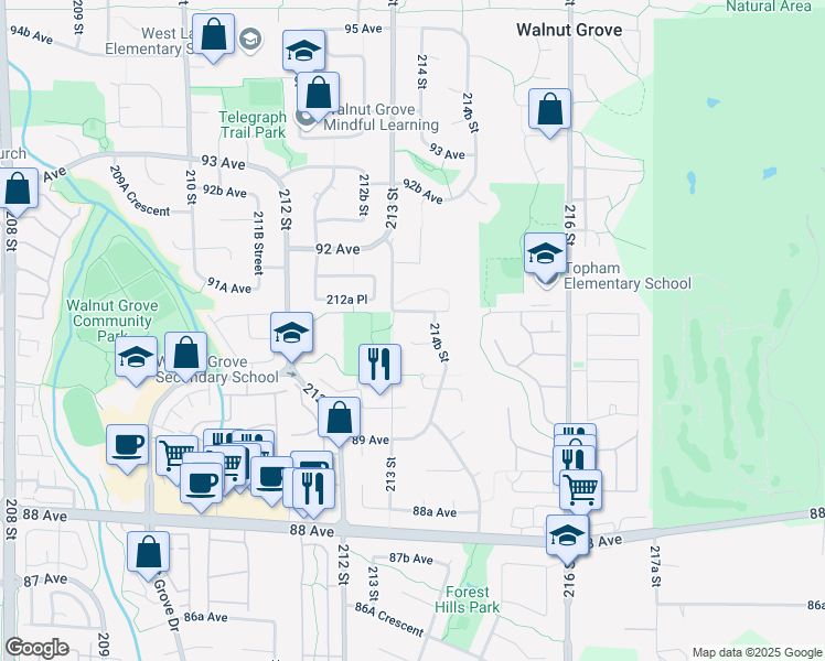 map of restaurants, bars, coffee shops, grocery stores, and more near 21447 90A Avenue in Langley Township