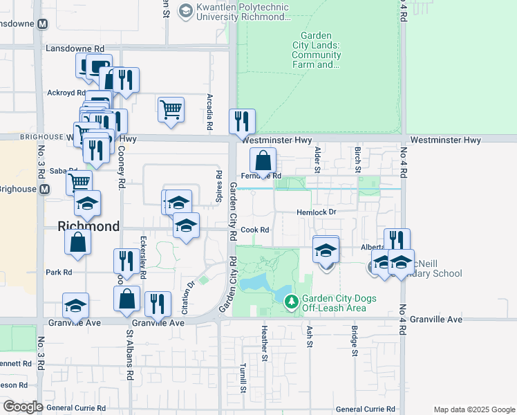 map of restaurants, bars, coffee shops, grocery stores, and more near 9133 Hemlock Drive in Richmond