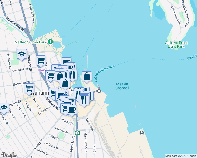 map of restaurants, bars, coffee shops, grocery stores, and more near 170 Front Street in Nanaimo