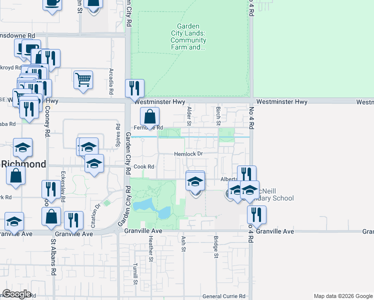 map of restaurants, bars, coffee shops, grocery stores, and more near 9420 Ferndale Road in Richmond