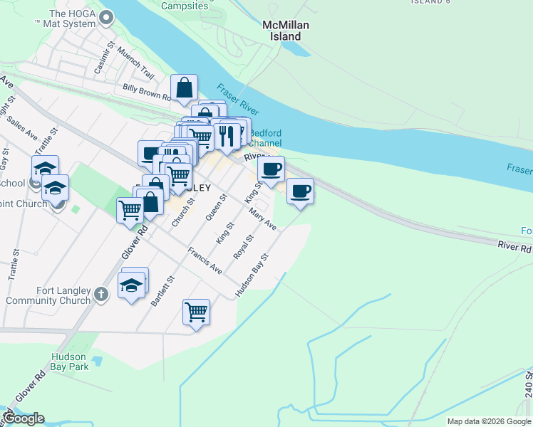map of restaurants, bars, coffee shops, grocery stores, and more near 23398 Mary Avenue in Langley Township