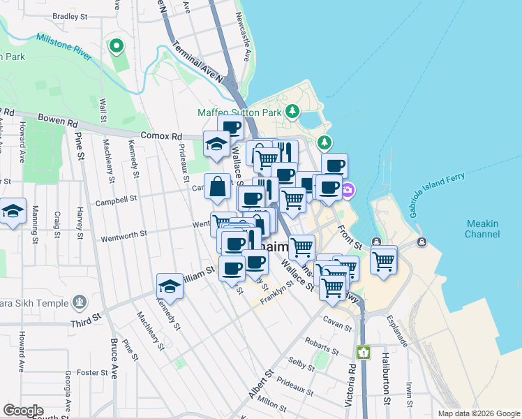map of restaurants, bars, coffee shops, grocery stores, and more near 175 Fraser Street in Nanaimo