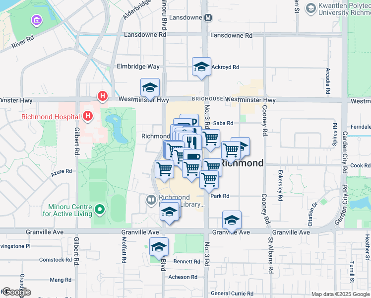 map of restaurants, bars, coffee shops, grocery stores, and more near 6551 No. 3 Road in Richmond