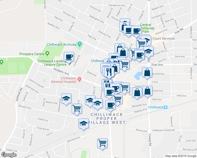map of restaurants, bars, coffee shops, grocery stores, and more near 45863 Yale Road in Chilliwack