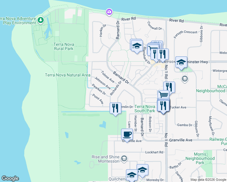 map of restaurants, bars, coffee shops, grocery stores, and more near Richards Drive in Richmond