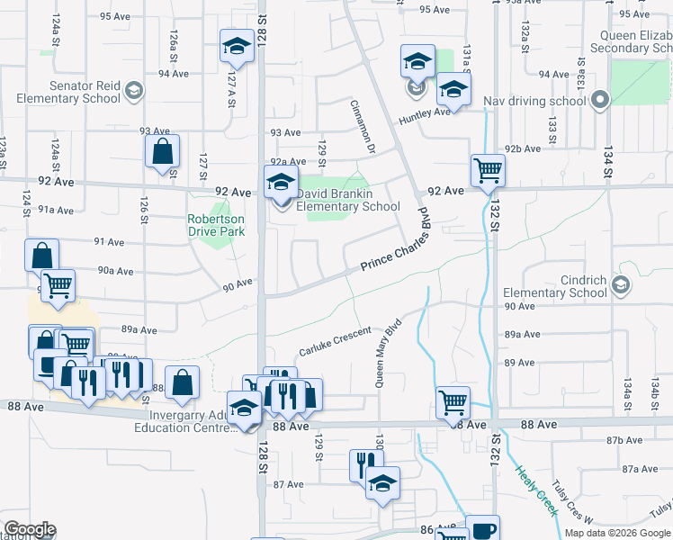 map of restaurants, bars, coffee shops, grocery stores, and more near 9051 Prince Charles Boulevard in Surrey