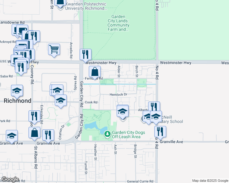 map of restaurants, bars, coffee shops, grocery stores, and more near 9373 Hemlock Drive in Richmond