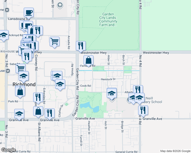 map of restaurants, bars, coffee shops, grocery stores, and more near 9371 Hemlock Drive in Richmond