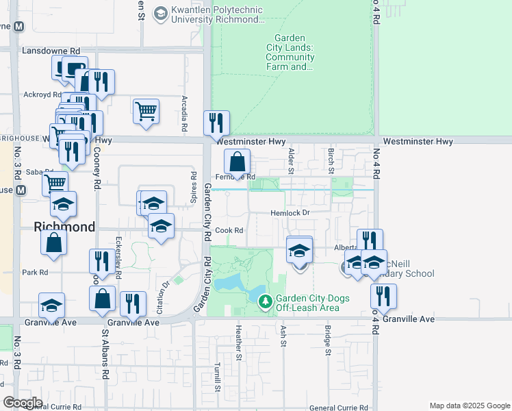 map of restaurants, bars, coffee shops, grocery stores, and more near 9371 Hemlock Drive in Richmond