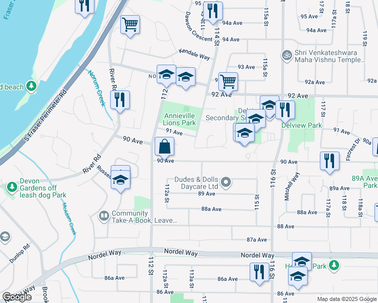 map of restaurants, bars, coffee shops, grocery stores, and more near 9035 114 Street in Delta