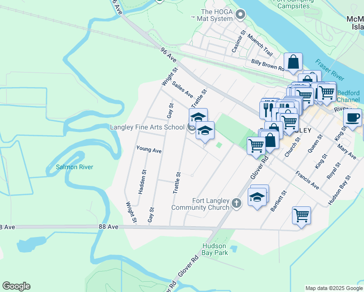map of restaurants, bars, coffee shops, grocery stores, and more near 9067 Trattle Street in Langley