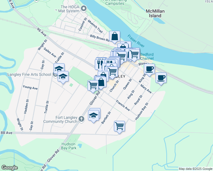 map of restaurants, bars, coffee shops, grocery stores, and more near in Langley Township