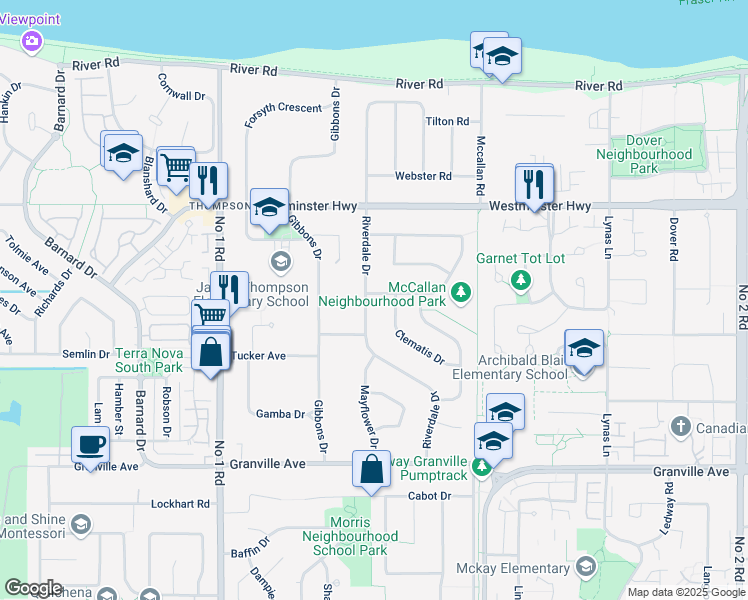 map of restaurants, bars, coffee shops, grocery stores, and more near 6300 Riverdale Drive in Richmond