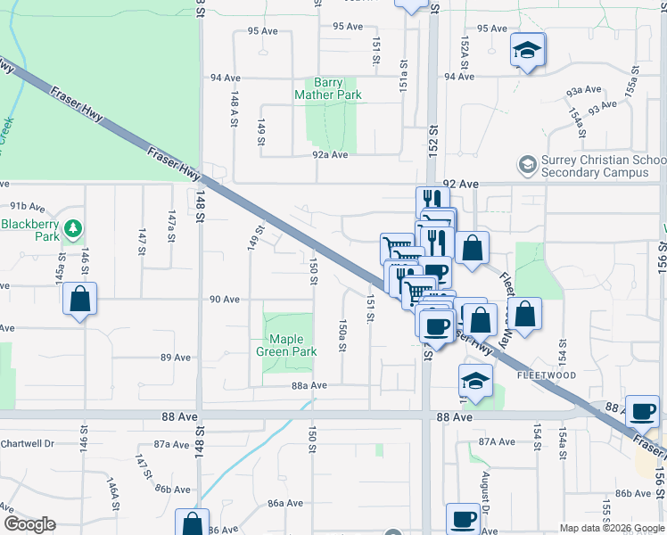 map of restaurants, bars, coffee shops, grocery stores, and more near 15028 Fraser Highway in Surrey