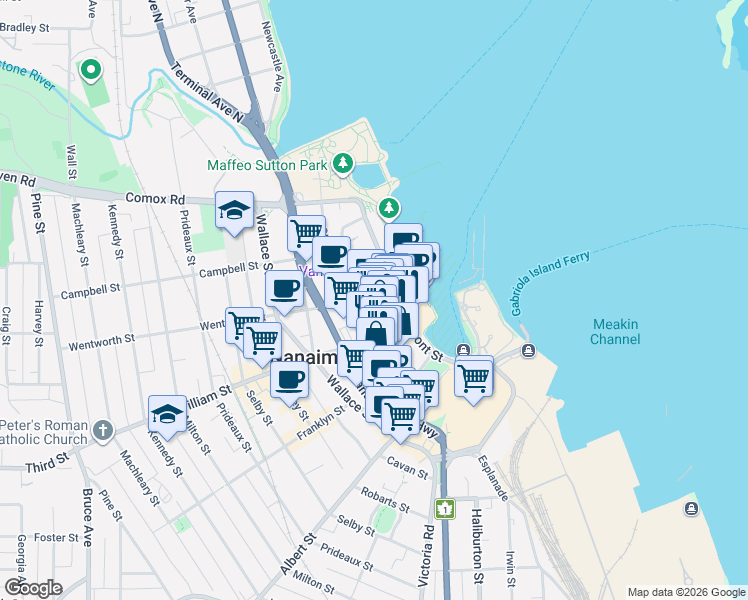 map of restaurants, bars, coffee shops, grocery stores, and more near 91 Chapel Street in Nanaimo