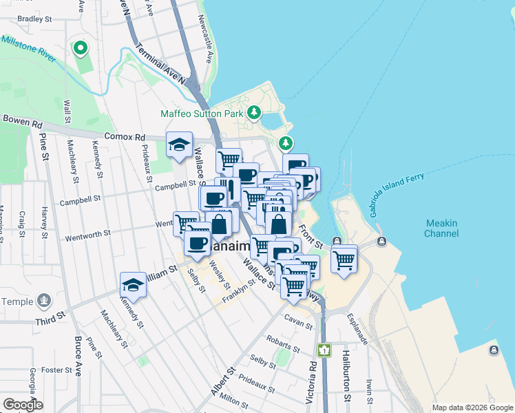 map of restaurants, bars, coffee shops, grocery stores, and more near Skinner Street in Nanaimo