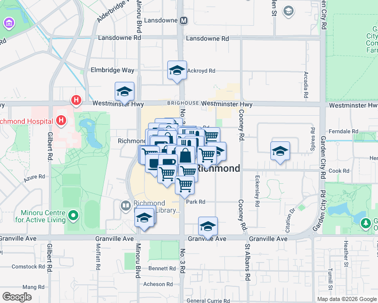 map of restaurants, bars, coffee shops, grocery stores, and more near 6320 Number 3 Road in Richmond