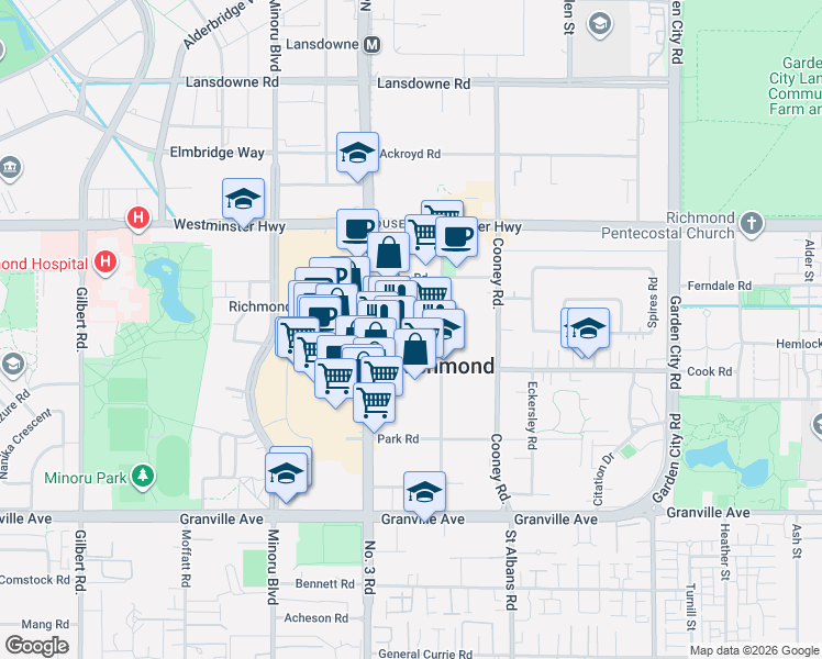 map of restaurants, bars, coffee shops, grocery stores, and more near 6328 Number 3 Road in Richmond