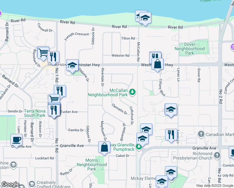 map of restaurants, bars, coffee shops, grocery stores, and more near 6311 Coltsfoot Drive in Richmond