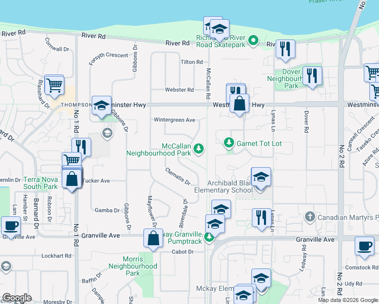 map of restaurants, bars, coffee shops, grocery stores, and more near 4760 Larkspur Avenue in Richmond