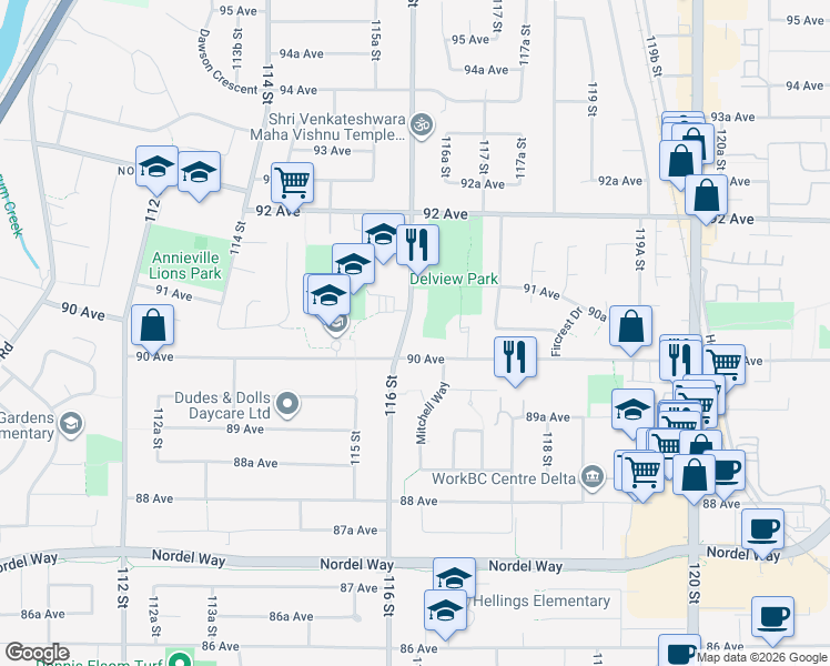 map of restaurants, bars, coffee shops, grocery stores, and more near 9034 116 Street in Delta