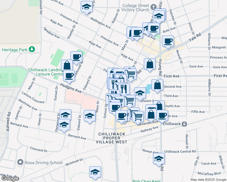 map of restaurants, bars, coffee shops, grocery stores, and more near 45883 Yale Road in Chilliwack