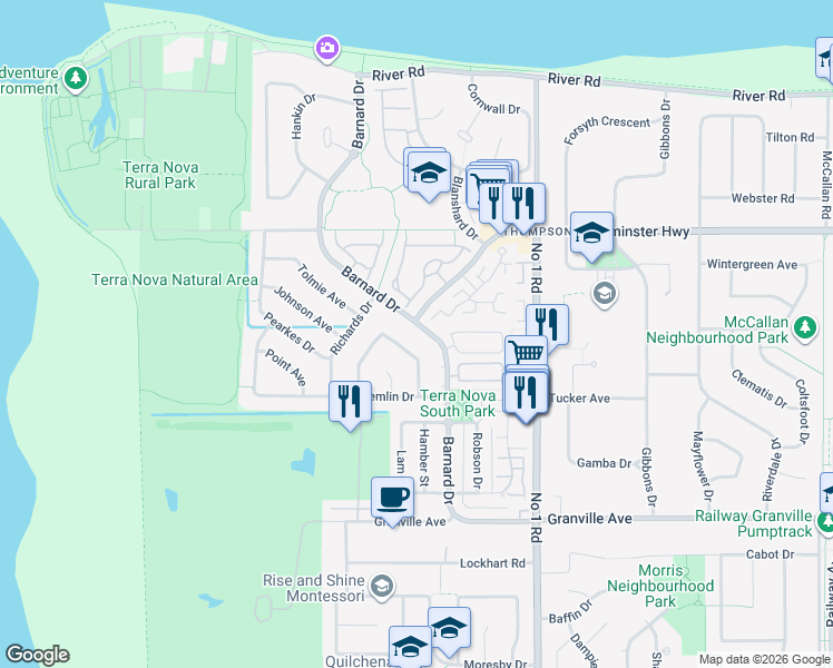 map of restaurants, bars, coffee shops, grocery stores, and more near 6491 Barnard Drive in Richmond