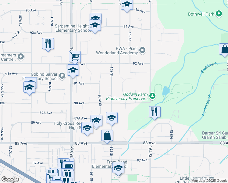 map of restaurants, bars, coffee shops, grocery stores, and more near 9060 162 Street in Surrey