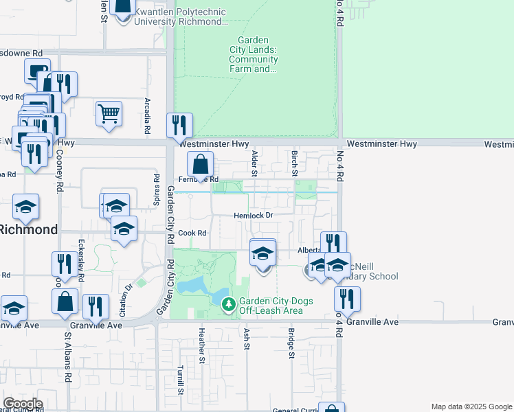 map of restaurants, bars, coffee shops, grocery stores, and more near 9440 Ferndale Road in Richmond