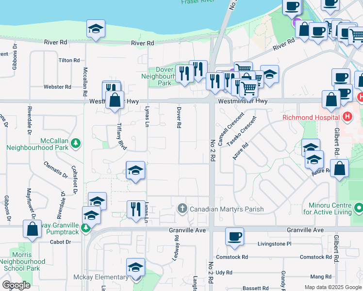 map of restaurants, bars, coffee shops, grocery stores, and more near 6280 Dover Road in Richmond