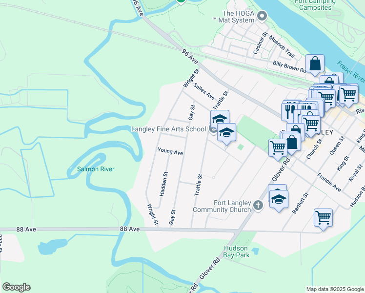 map of restaurants, bars, coffee shops, grocery stores, and more near 9083 Gay Street in Langley