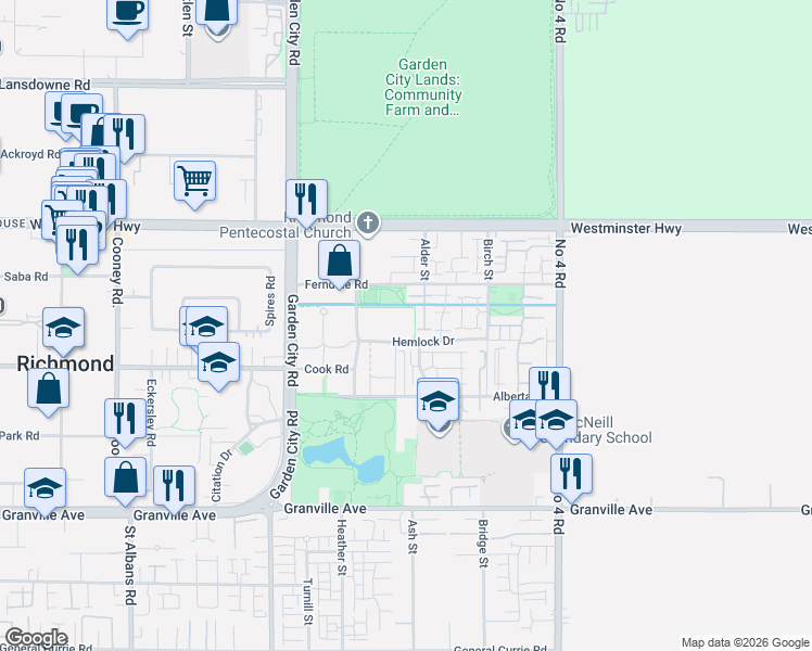 map of restaurants, bars, coffee shops, grocery stores, and more near Hemlock Drive in Richmond