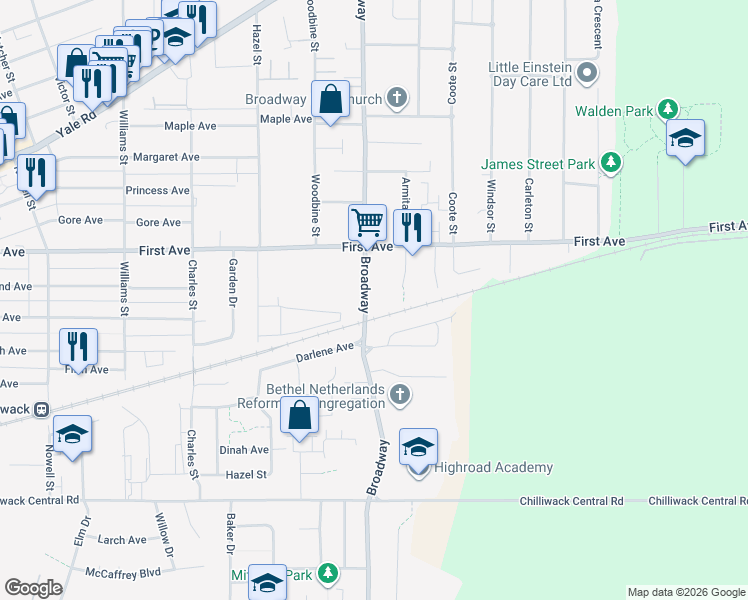 map of restaurants, bars, coffee shops, grocery stores, and more near 9098 Broadway in Chilliwack