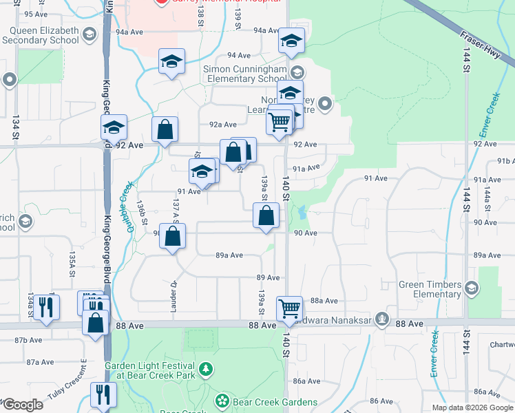 map of restaurants, bars, coffee shops, grocery stores, and more near 13933 90A Avenue in Surrey