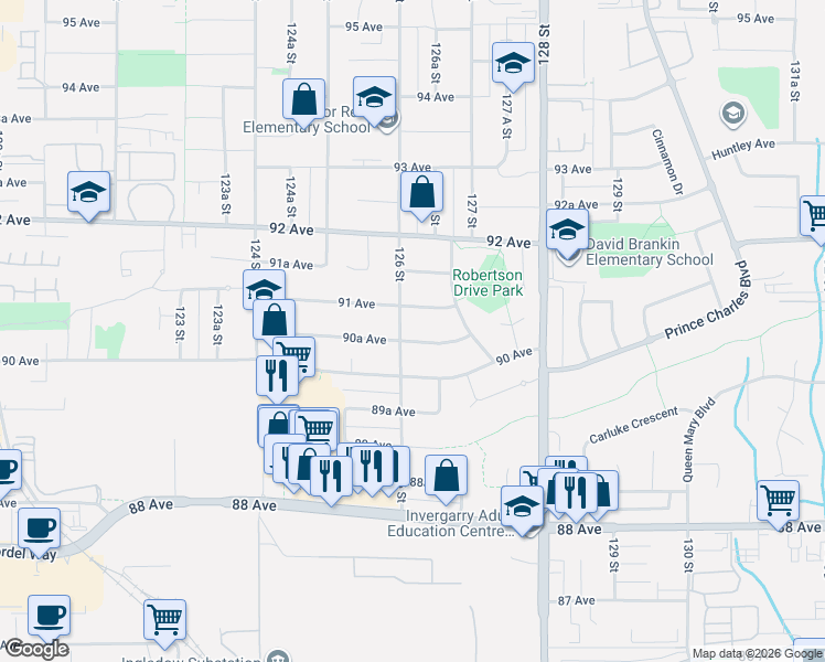map of restaurants, bars, coffee shops, grocery stores, and more near 12623 90A Avenue in Surrey