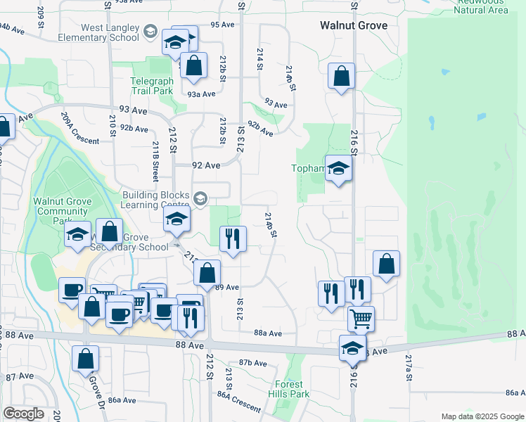map of restaurants, bars, coffee shops, grocery stores, and more near 21446 91 Avenue in Langley Township