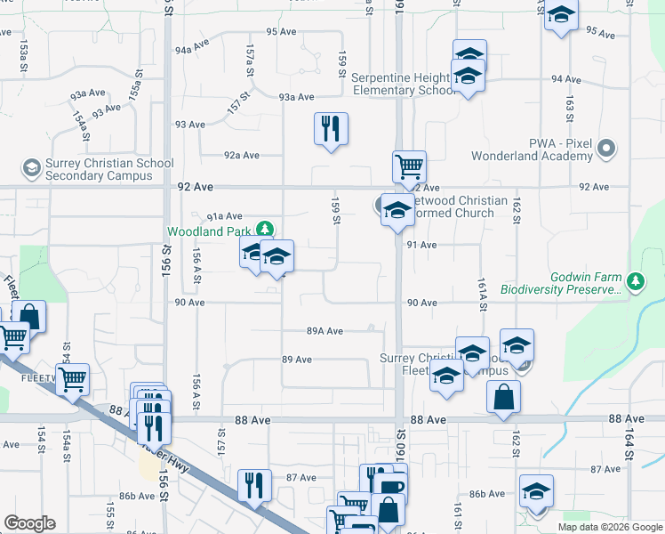 map of restaurants, bars, coffee shops, grocery stores, and more near 14 159 Street in Surrey