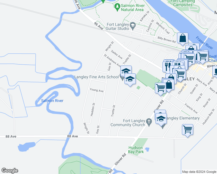 map of restaurants, bars, coffee shops, grocery stores, and more near 9072 Gay Street in Langley Township